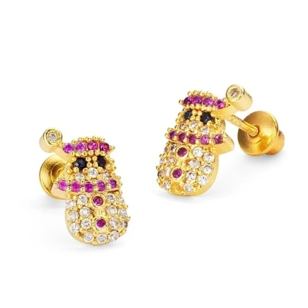 gold plated Snowman CZ Girls Earrings